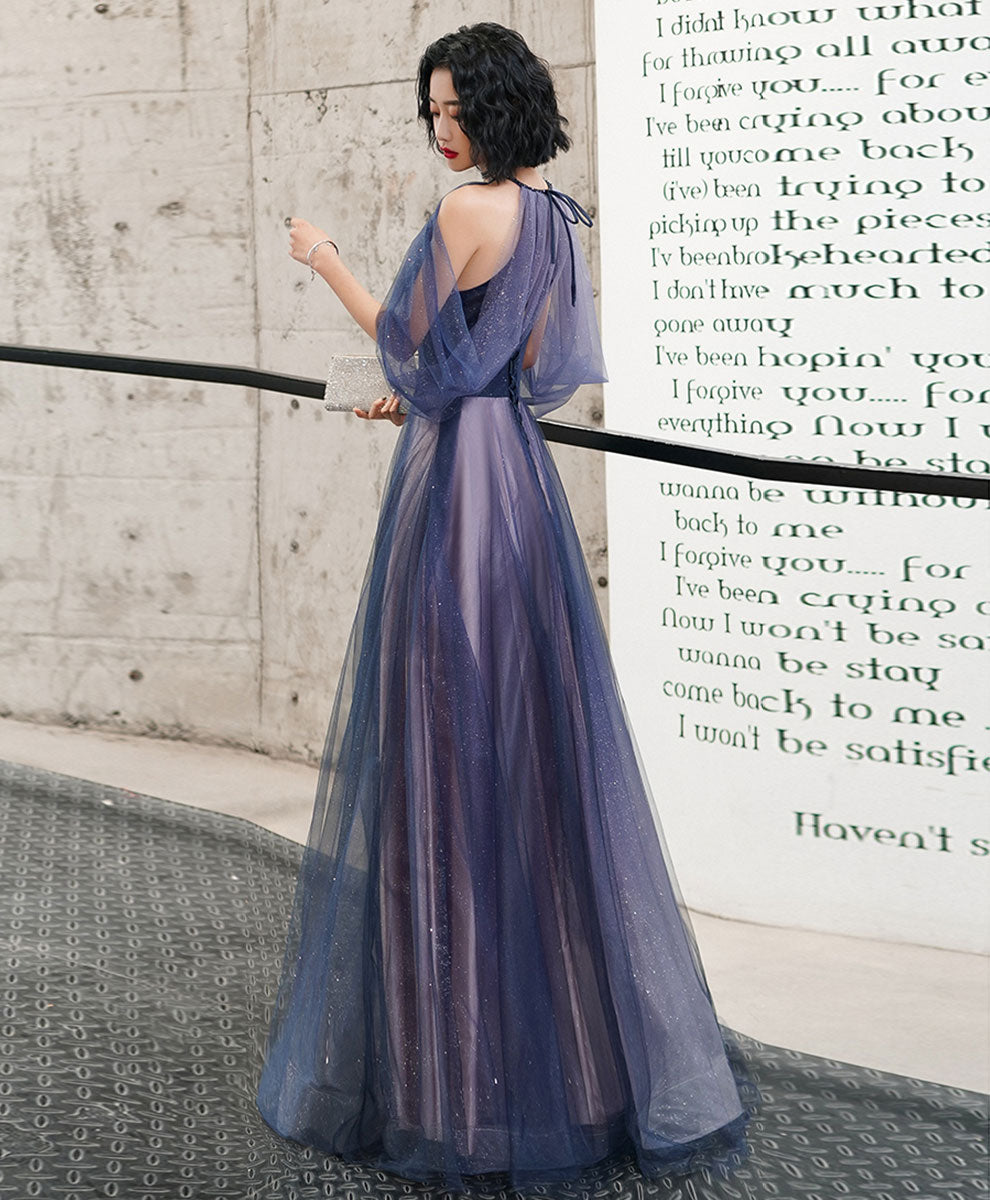 Blue Tulle Sequin Long Prom Dress Blue Tulle Evening Dress