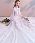 White High Neck Tulle Lace Tea Long Prom Dress Bridesmaid Dress