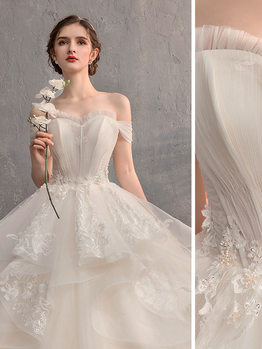 Champagne Sweetheart Neck Lace Long Wedding Dress Off Shoulder Wedding Gown