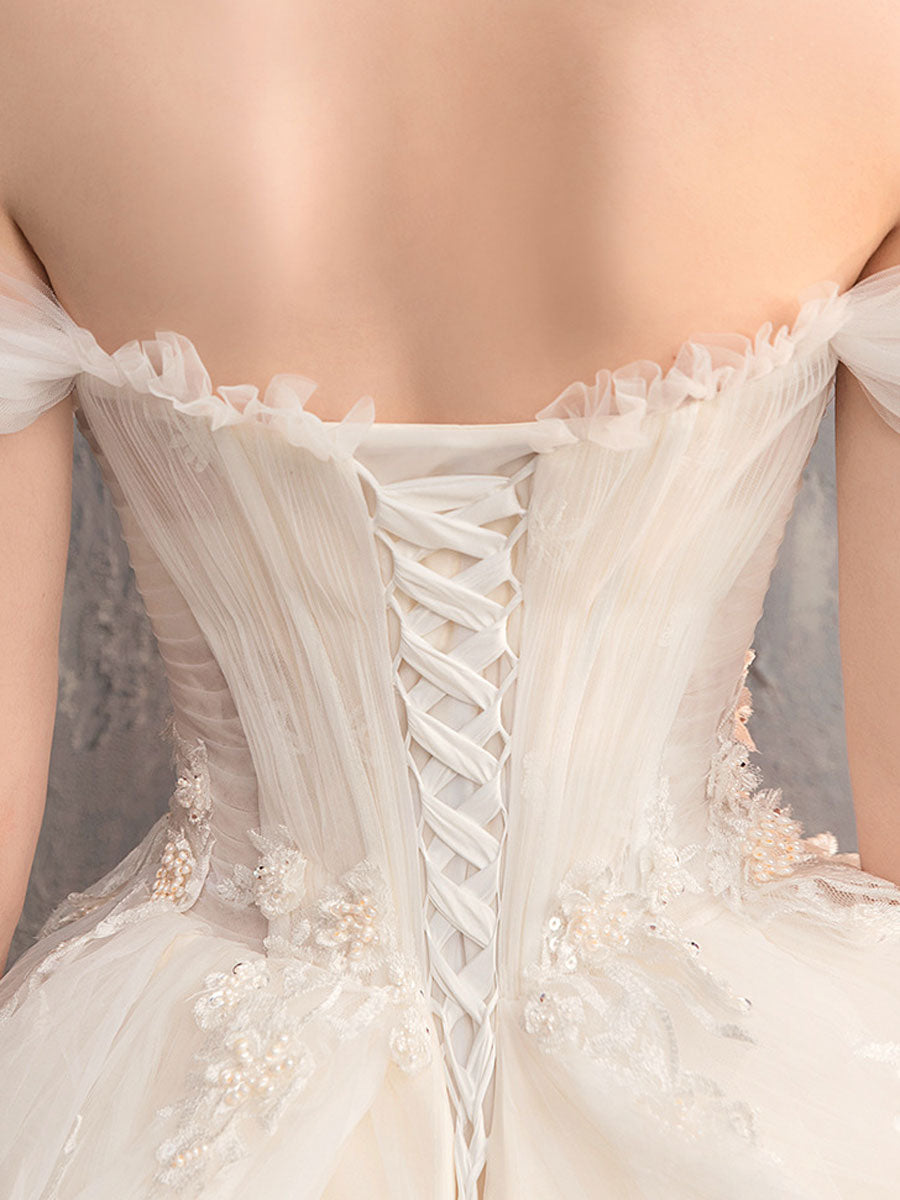 Champagne Sweetheart Neck Lace Long Wedding Dress Off Shoulder Wedding Gown
