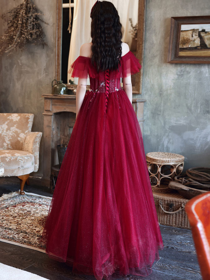 Burgundy Off Shoulder Tulle Sequin Long Prom Dress Burgundy Evening Dress