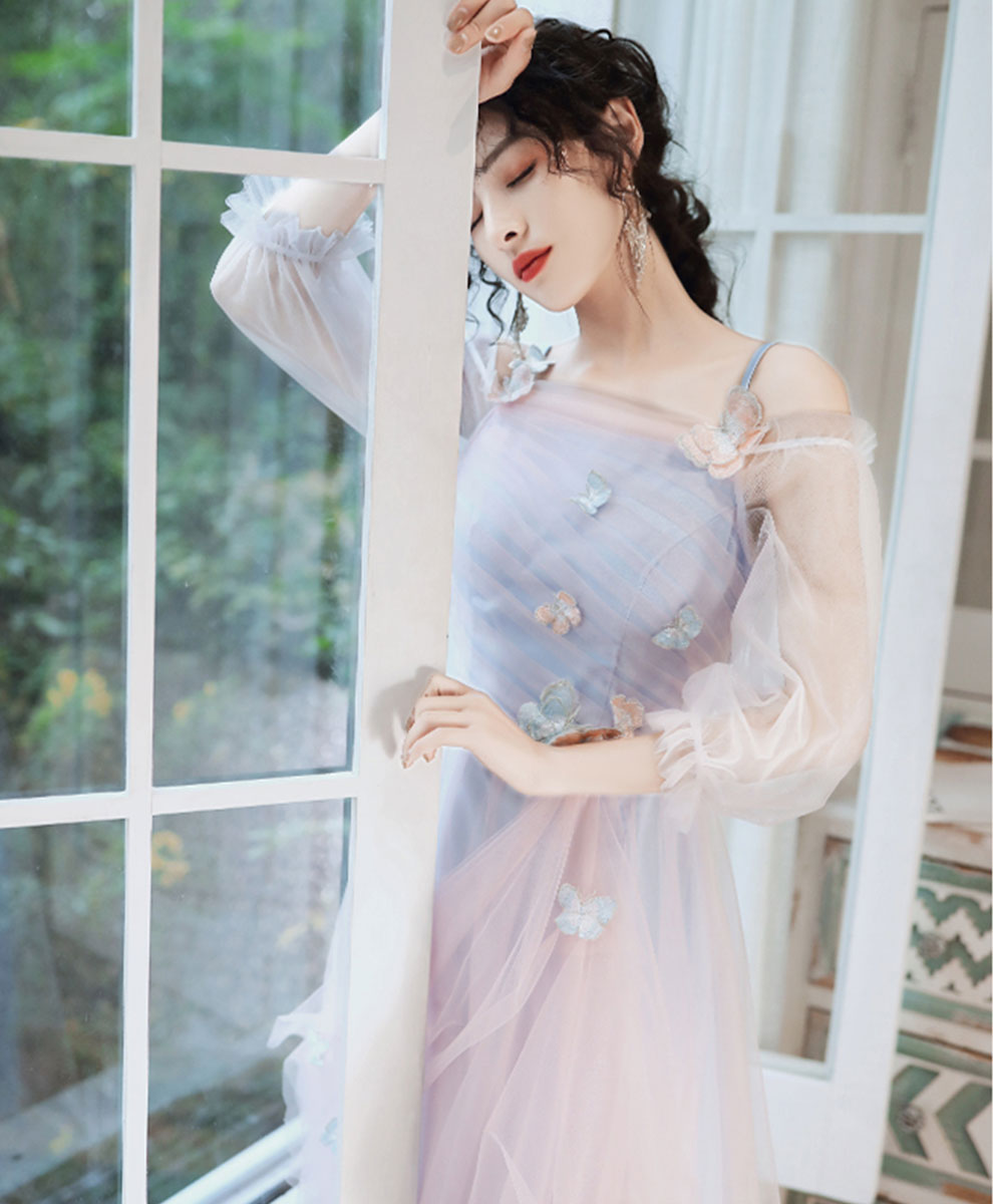 Elegant Pink Blue Tulle Long Prom Dress Pink Blue Formal Dress