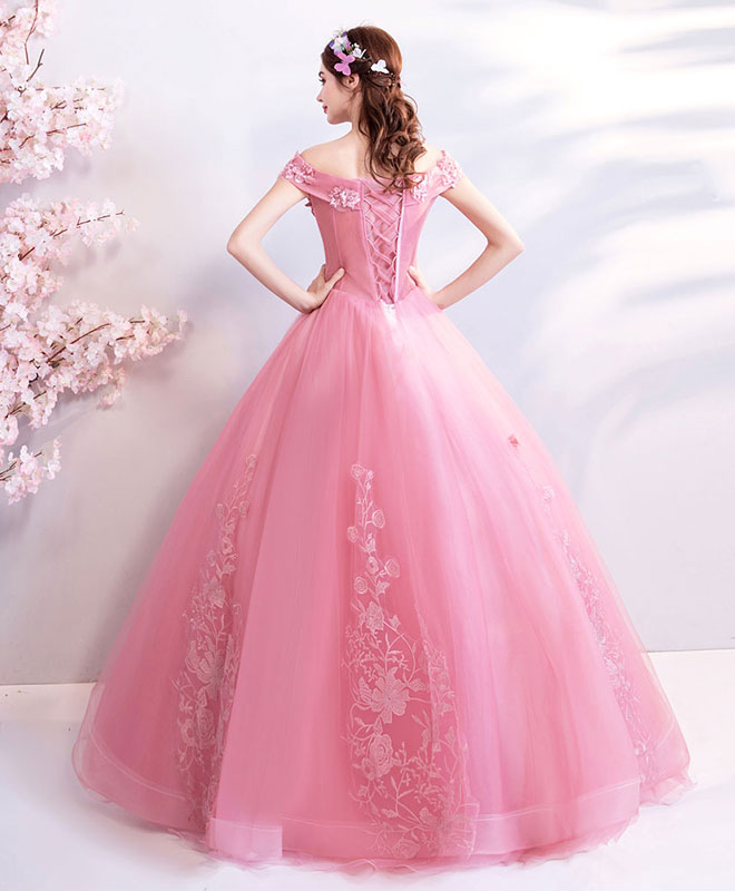 Pink Tulle Off Shoulder Lace Long Prom Dress, Pink Evening Dress