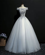 Gray Tulle Lace Off Shoulder Long Prom Gown Tulle Lace Evening Dress