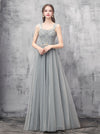 Gray A-line Off Shoulder Tulle Beads Long Prom Dress, Gray Evening Dress