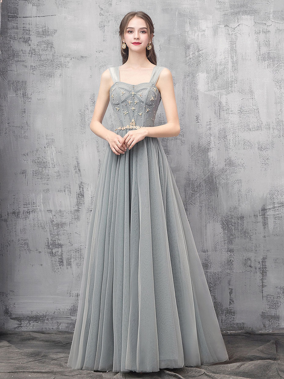 Gray A-line Off Shoulder Tulle Beads Long Prom Dress, Gray Evening Dress US 14 / Gray