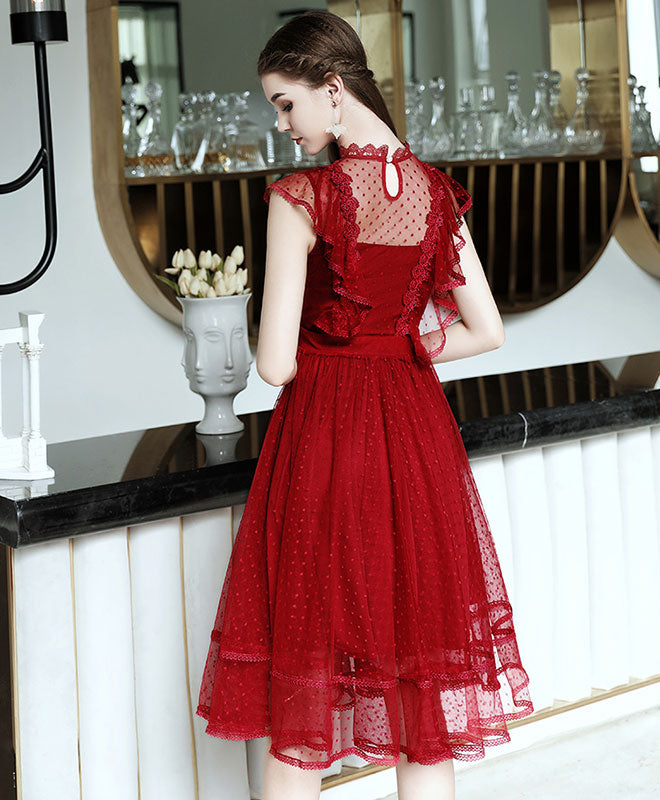 Burgundy Tulle Lace Short Prom Dress, Homecoming Dress
