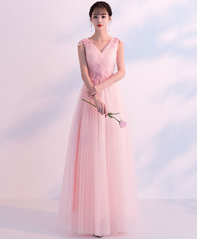 Pink V Neck Tulle Long Prom Dress, Pink Tulle Bridesmaid Dress