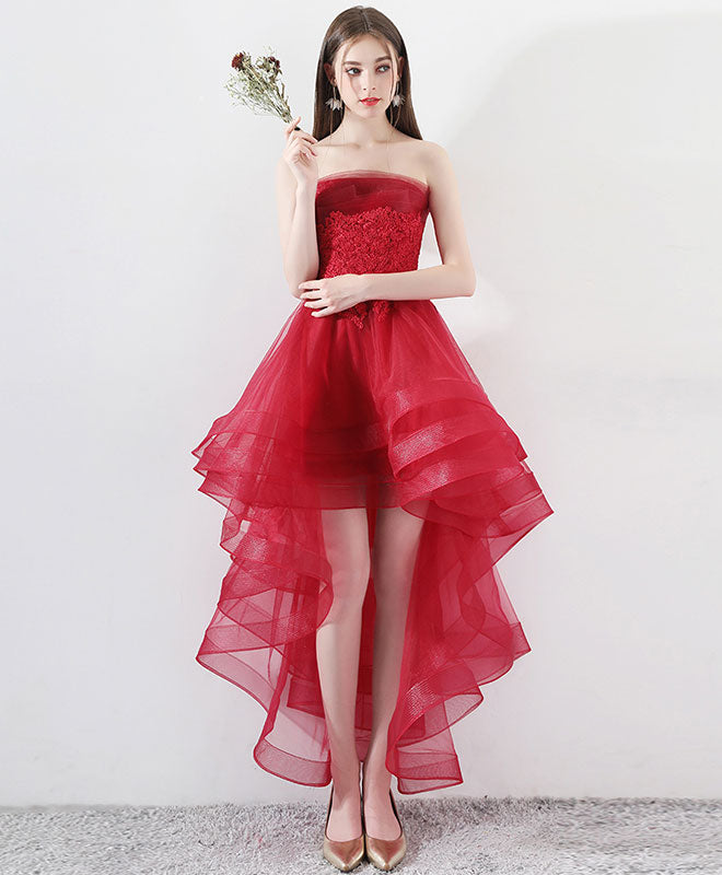 Burgundy Tulle Lace High Low Prom Dresses, Burgundy Tulle Homecoming Dress