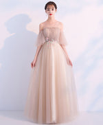 Champagne Round Neck Tulle Long Prom Dress, Champagne Tulle Evening Dress