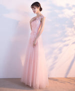 Pink Round Neck Tulle Lace Long Prom Dress, Pink Tulle Evening Dress