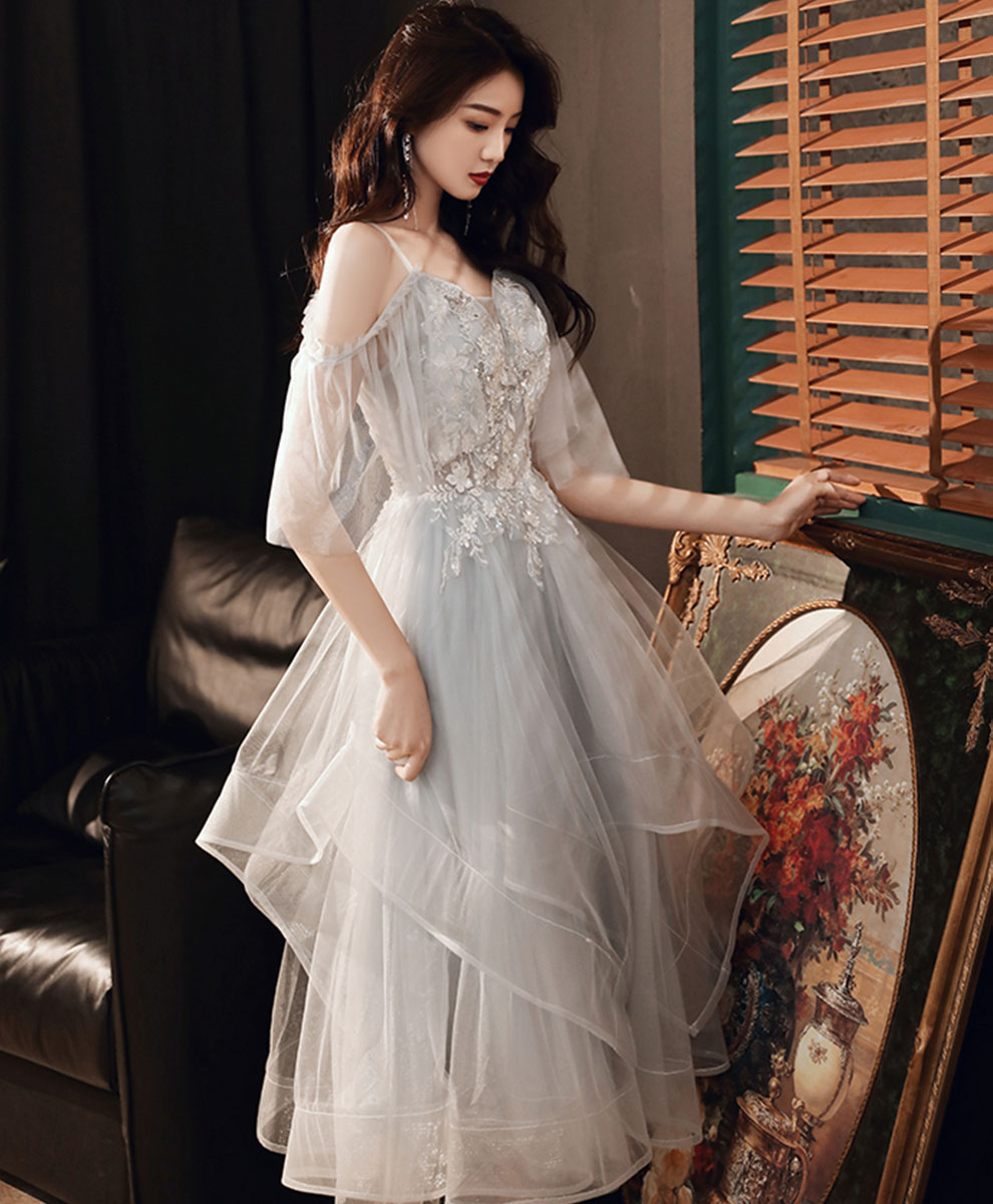 Gray Sweetheart Tulle Lace Short Prom Dress Gray Homecoming Dress