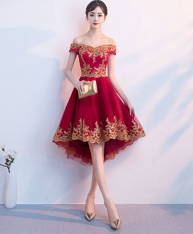 Burgundy Tulle Lace Short Prom Dress, High Low Homecoming Dress