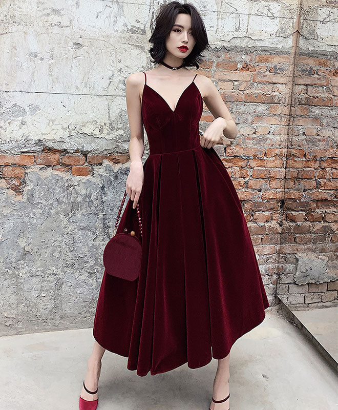 Simple Burgundy Tea Length Prom Dress, Burgundy Bridesmaid Dress US 4 / Burgundy