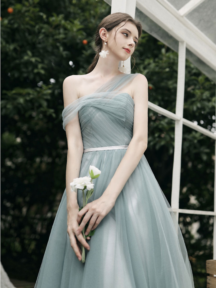 Simple A line Green Tulle Long Prom Dress, Green Tulle Bridesmaid Dresses