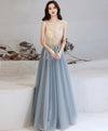 Gray Blue Tulle V Neck Sequin Long Prom Dress Blue Formal Evening Dress