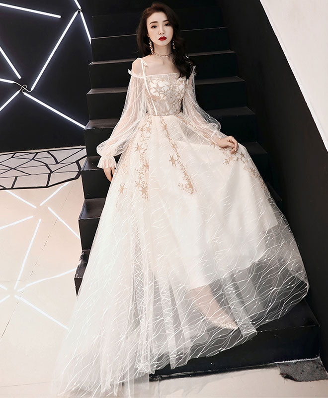 A-Line Tulle Lace Long Prom Dress, Tulle Lace Evening Dress