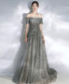 Gray Tulle Sequin Long Prom Dress Tulle Formal Dress