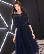 Blue Round Neck Tulle Lace Prom Dresses, Tea Length Blue Homecoming Dresses