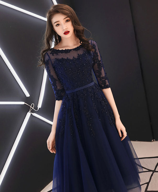 Blue Round Neck Tulle Lace Prom Dresses, Tea Length Blue Homecoming Dr – shopluu