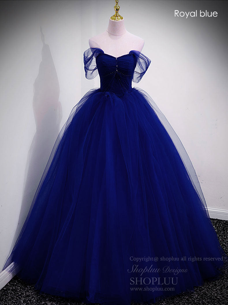 A-Line Sweetheart Off Shoulder Lace Long Prom Dress, Tulle Formal Dresses