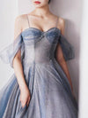Gray Blue Tulle Tea Length Prom Dress, Blue A line Formal Dresses