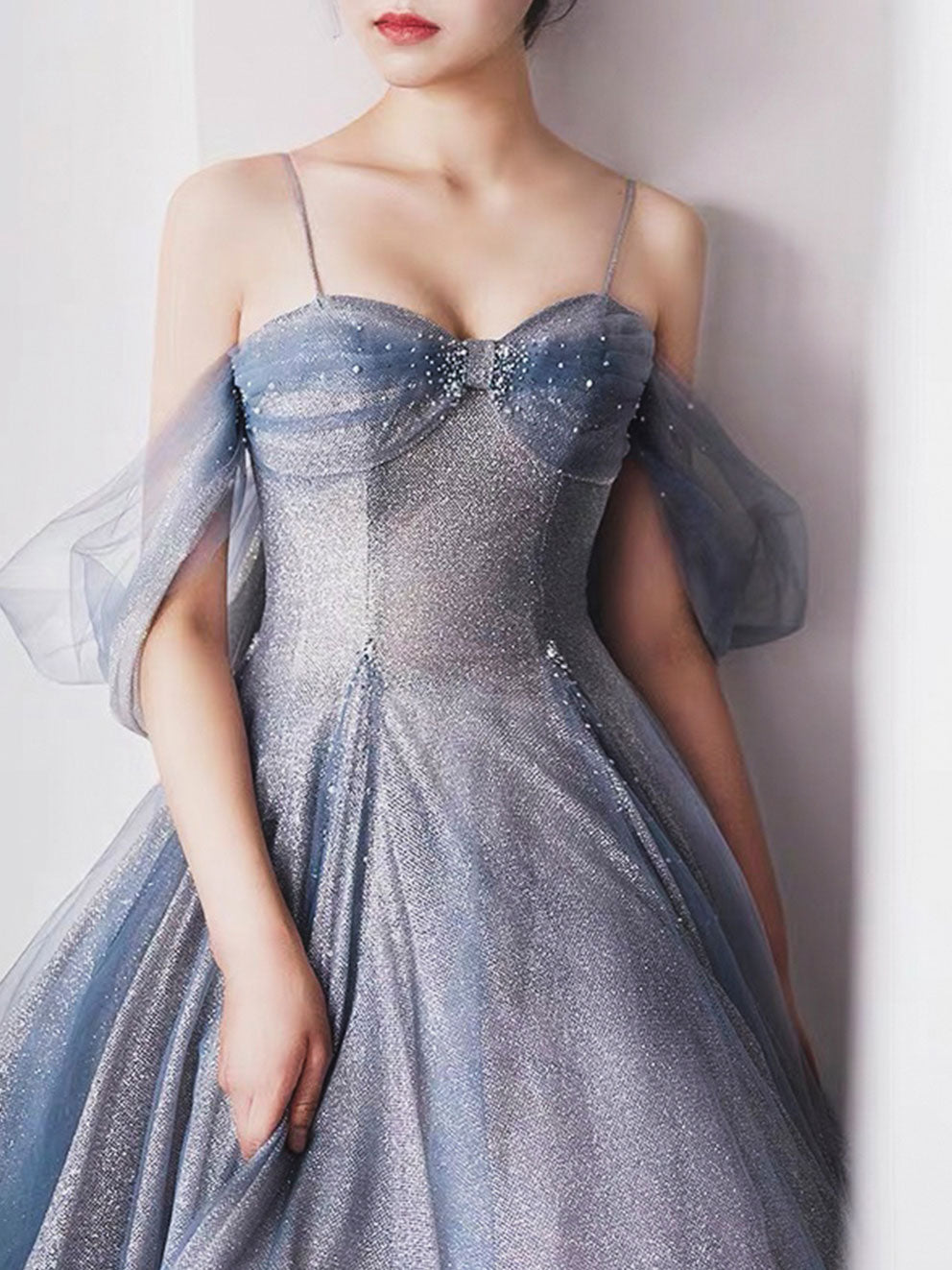 silver tea length formal dresses A-line Silver Sequin Tulle Tea Length Long Sleeve Prom Dress