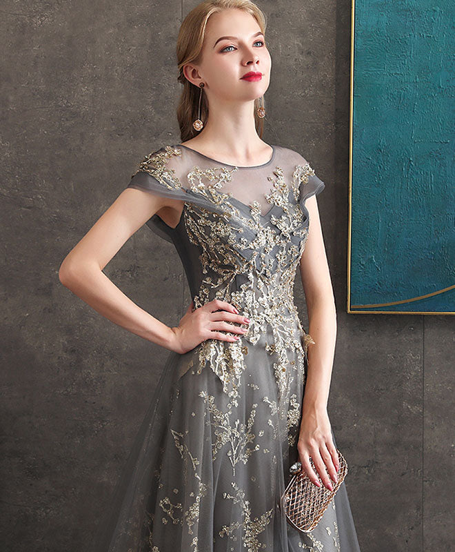 Gray Round Neck Tulle Lace Long Prom Dress Gray Tulle Formal Dress