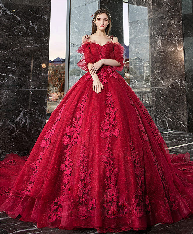 Burgundy Sweetheart Tulle Lace Long Evening Dress, Formal Dress