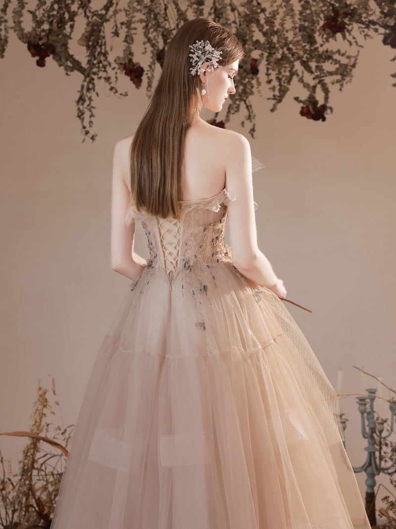 Champagne Tulle Long Prom Dress, Champagne A line Formal Dresses shopluu Champagne Tulle Long Prom Dress, Champagne A line Formal Dresses shopluu