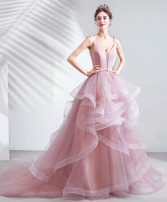Pink V Neck Tulle Long Prom Dress Pink Tulle Evening Dress