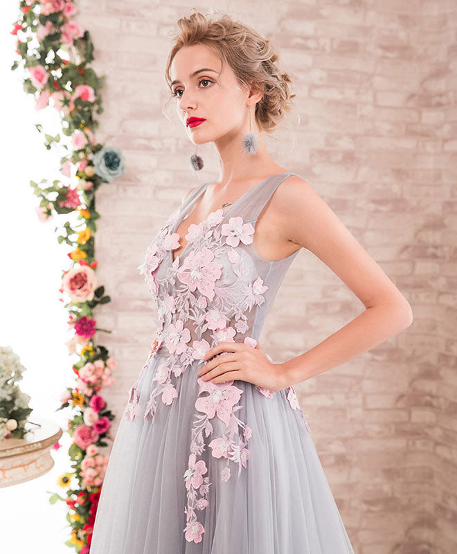 Gray A-Line V Neck Tulle Lace Applique Long Prom Dress, Gray Evening Dress US 2 / Gray Gray A-Line V Neck Tulle Lace Applique Long Prom Dress, Gray Evening Dress US 2 / Gray