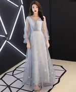 Gray V Neck Tulle Lace Long Prom Dress, Gray Tulle Evening Dress