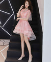 Pink Lace Tulle High Low Prom Dress, Pink Homecoming Dress