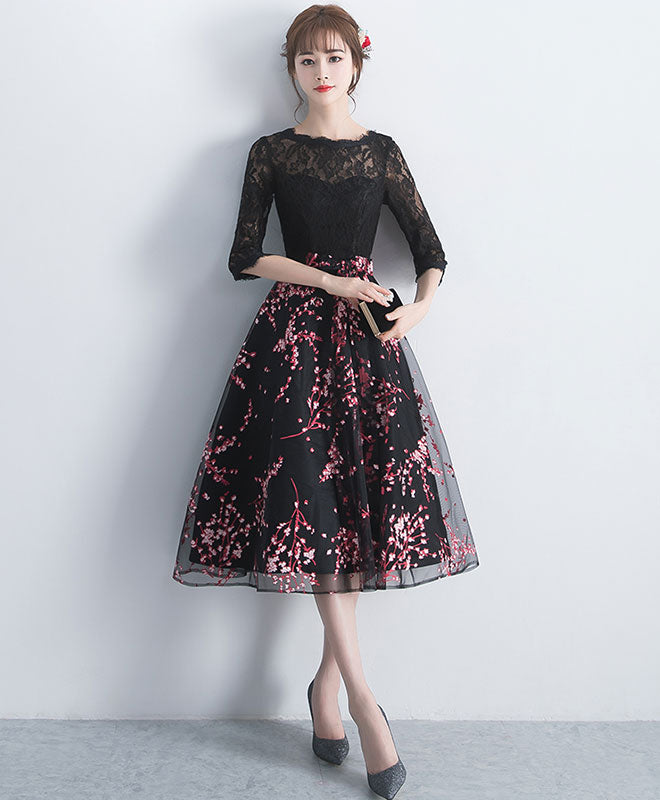 Black Lace Tulle Short Prom Dress, Black Lace Bridesmaid Dress
