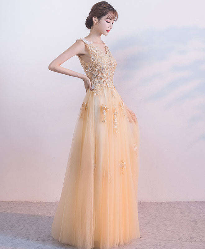 Champagne Tulle Lace Long Prom Dress. Champagne Tulle Evening Dress