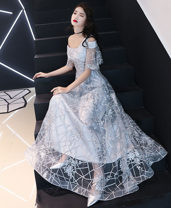 Gray Tulle Lace One Shoulder Long Prom Dress Lace Evening Dress