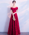 Burgundy Lace Long Prom Dress, Burgundy Lace Evening Dress