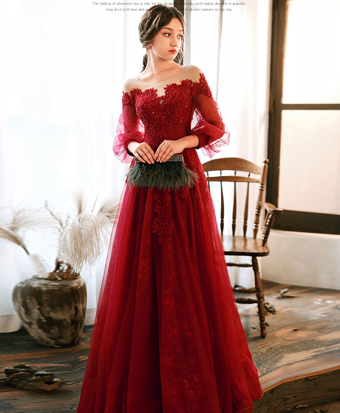 Burgundy Round Neck Tulle Beads Long Prom Dress Burgundy Evening Dress