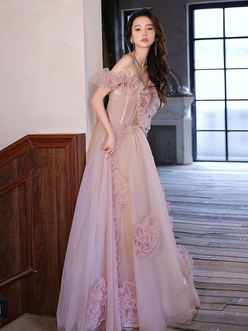 light pink graduation dress Pink Tulle Long A-Line Prom Dress, Off the Shoulder Evening Dress US 16 / Pink