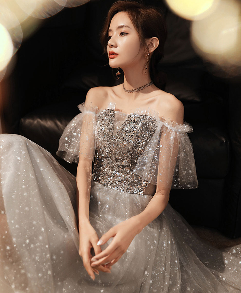 Gray Tulle Sequin Short Prom Dress Gray Homecoming Dress