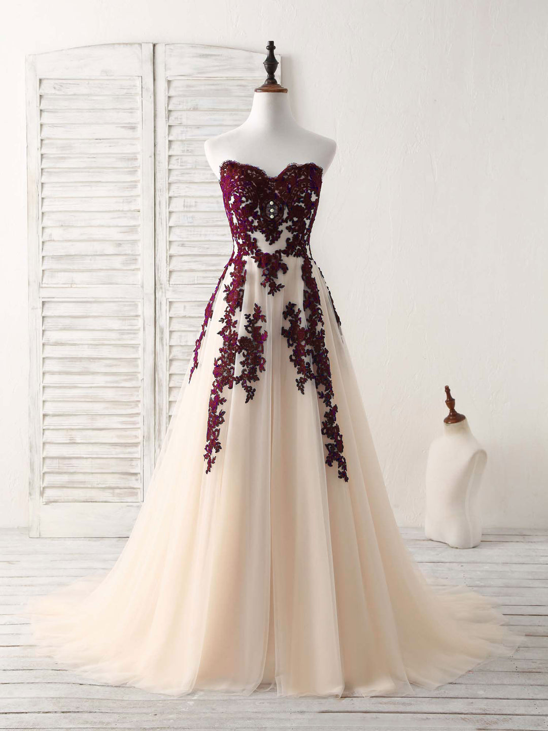 burgundy lace prom dress A-Line Sweetheart Tulle Applique Long Dress, Brides – shopluu Zipper back Embellishment Color:DKBRWN Wedding Dresses Sales Ava Presley 40075 Pink