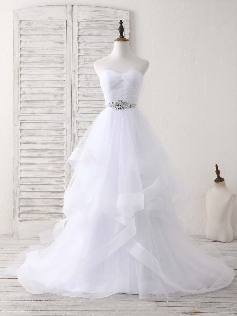 White Sweetheart Neck Tulle Long Prom Dress, White Formal Graduation Dress