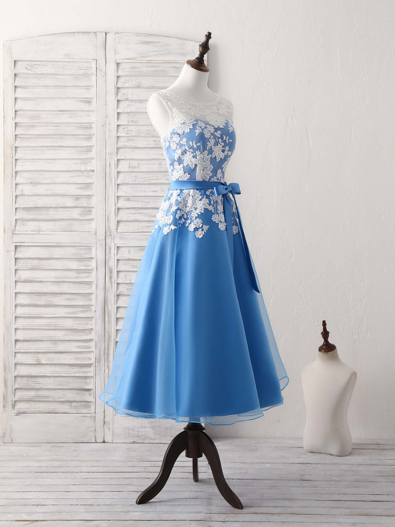 Blue Round Neck Tulle Lace Applique Tea Long Prom Dress, Bridesmaid Dress