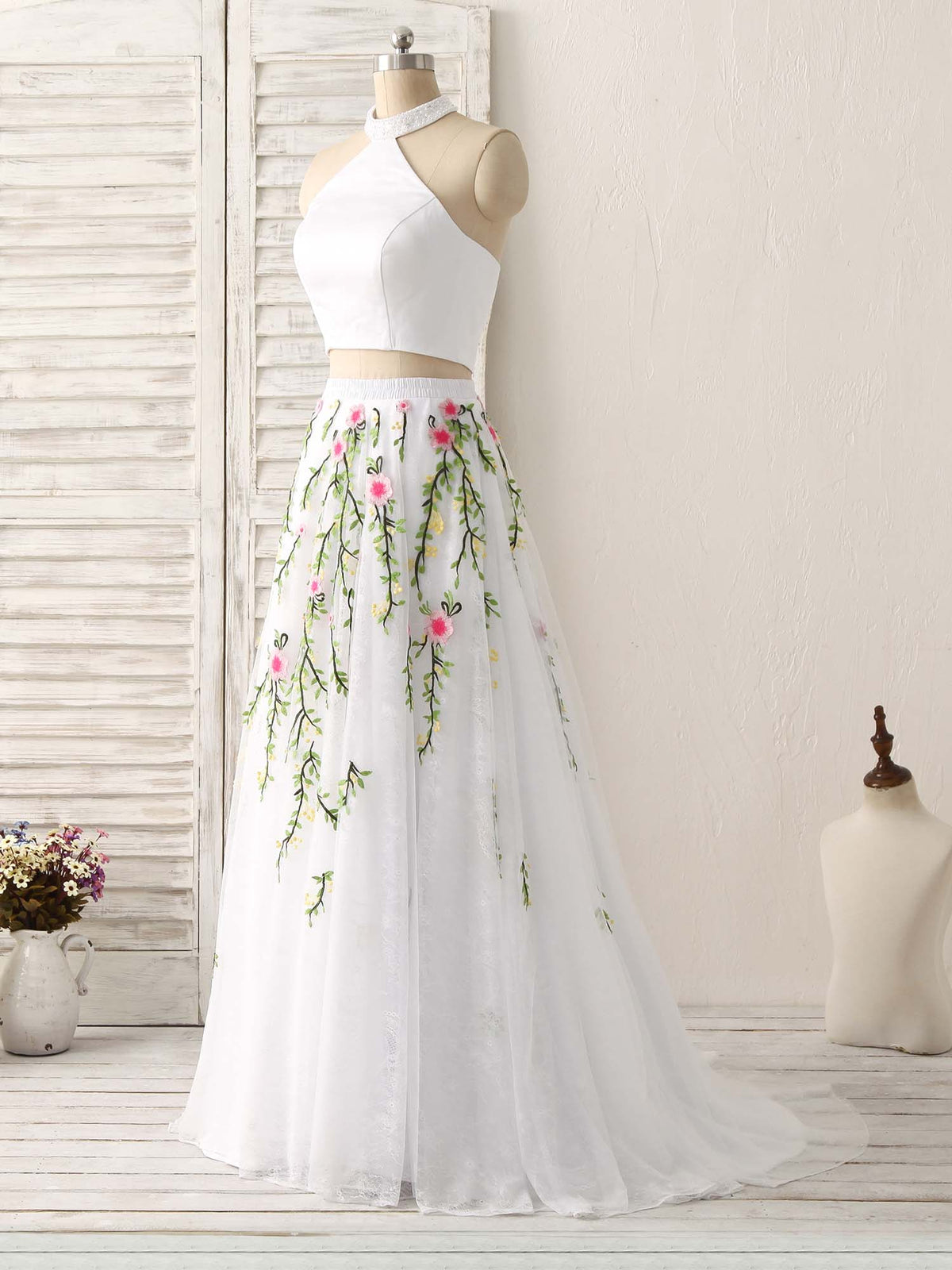 White Two Pieces Lace Applique Long Prom Dress, Evening Dress