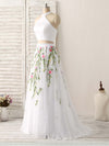 White Two Pieces Lace Applique Long Prom Dress, Evening Dress