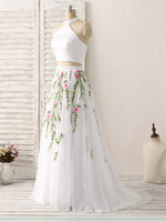 White Two Pieces Lace Applique Long Prom Dress, Evening Dress