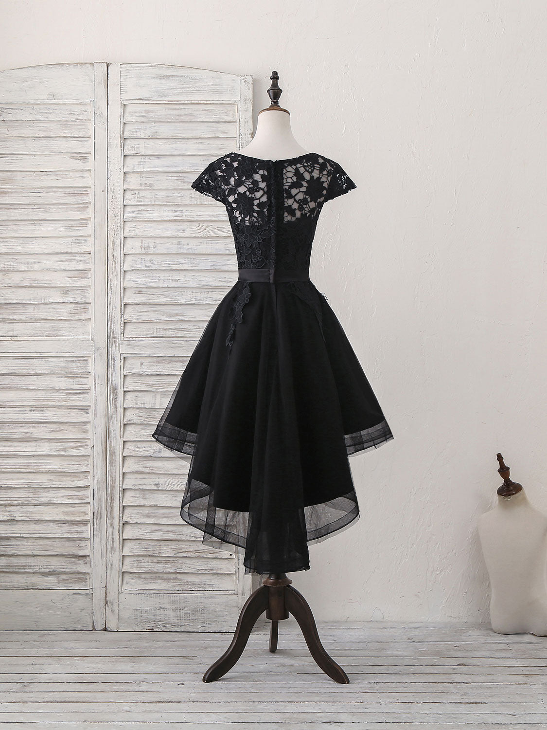 Black Round Neck Tulle Lace Applique Short Prom Dress, Black Homecomin ...