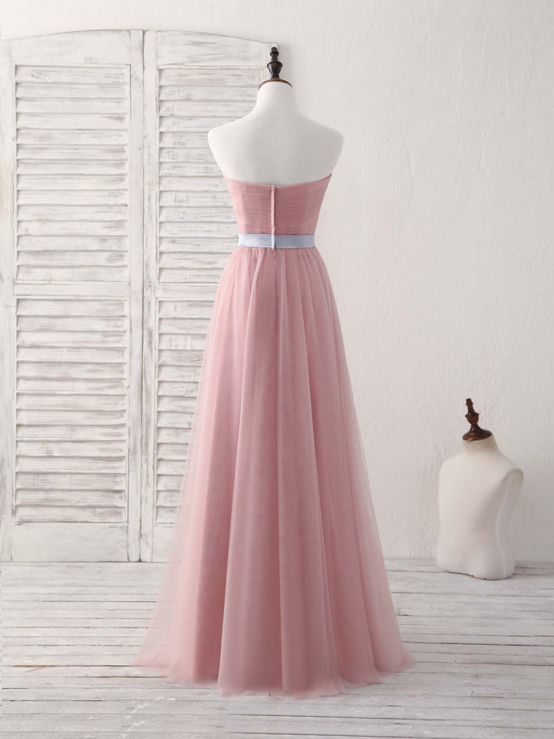 Pink Sweetheart Neck Tulle Long Prom Dress, Aline Pink Bridesmaid Dress