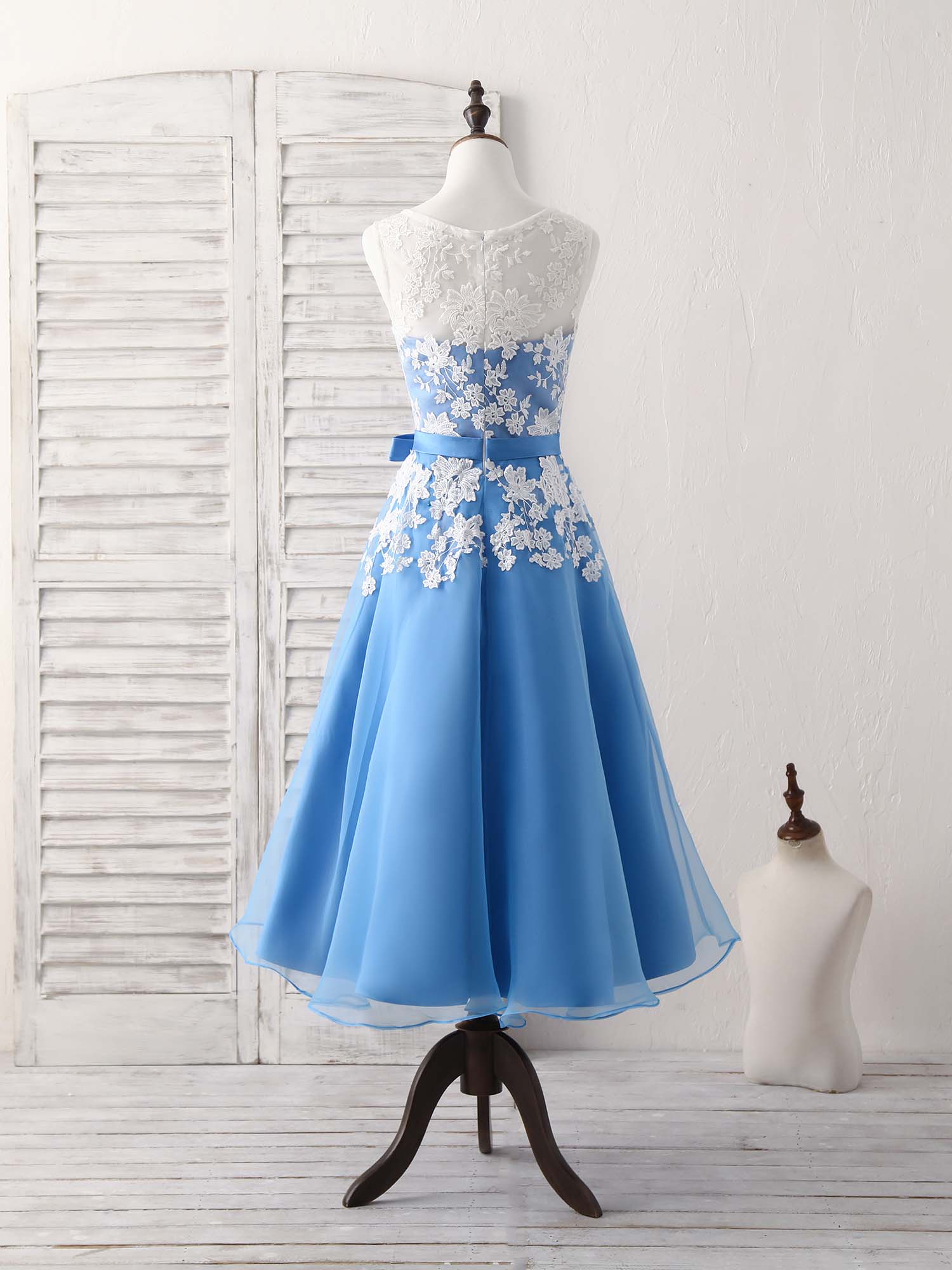 Blue Round Neck Tulle Lace Applique Tea Long Prom Dress, Bridesmaid Dress US 4 / Blue Blue Round Neck Tulle Lace Applique Tea Long Prom Dress, Bridesmaid Dress US 4 / Blue